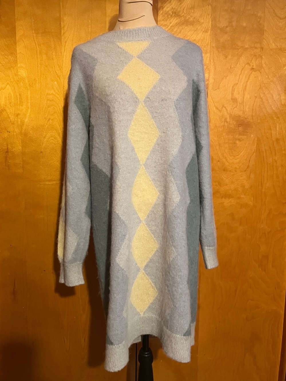 J. Crew Large Diamond-Pattern Crewneck Sweater Dress - Light Blue & Pale Yellow